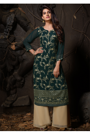 Green Color Designer Georgette Straight Cut Kurti